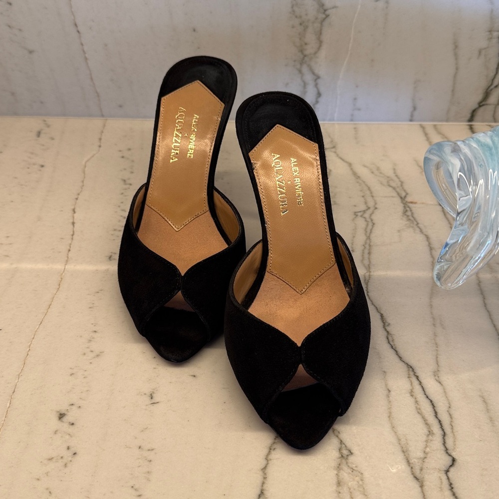AQUAZZURA  Alex Rivière 85 Black Suede Peep-toe Mules 35/5 (actual photos soon) - Picture 2 of 11